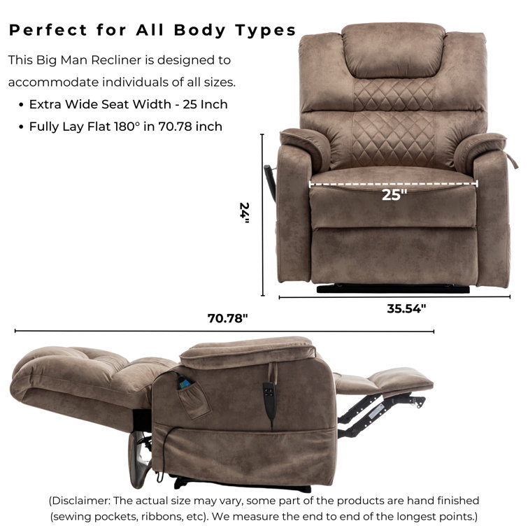 Dual Motor Lay Flat Recliner in 25-inch Seat Width, Extra Wide Heated  Massage Chair 400 lbs